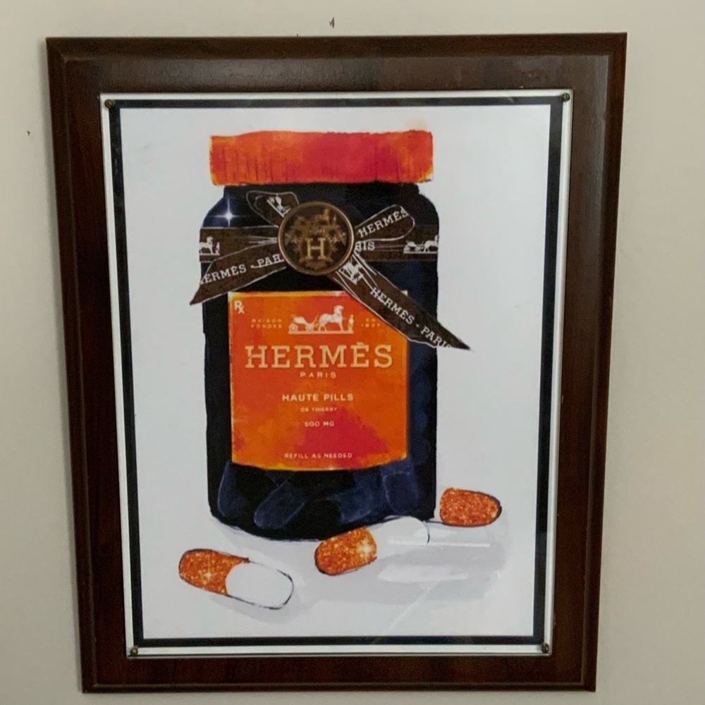 Handmade Upcycled Hermès Haute Pills Pop Art – 11”x13” – Brown Wood Frame